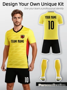 2pcs Personalized Yellow & Black Soccer Uniform - Custom Name, Number, And Team Details Available | Features , Breathable Fabric | Full Set Including Jersey, Shorts, And Matching Socks | Great For Teams And Players Looking For A Custom, Eye - Catching Outfit