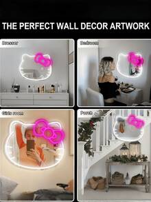 1 szt. Owalne lustro z neonowym oświetleniem LED Hello Kitty z kreskówkową grafiką, lustro ścienne z plastikową ramą zasilane przez USB, ściemnialne oświetlenie dekoracyjne do sypialni, gabinetu, salonu, pokoju dziecięcego, przedpokoju - urocze, kompaktowe lustro toaletkowe z neonowym oświetleniem Hello Kitty zasilane przez USB, montowane na ścianie, z regulowanym oświetleniem