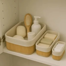 Set Of 3 Multipurpose Bamboo Storage Baskets With Lining - Laundry Basket For Bathroom - Màu vàng - Xem 3