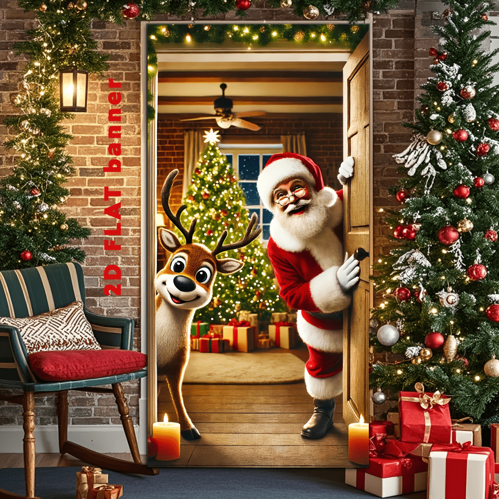 1 pieza Bandera de entrada de Navidad, de poliéster, con diseño de paquete de regalo de Papá Noel, exquisita con 4 agujeros para colgar fácilmente, adecuada para decoración navideña y de Año Nuevo en la puerta principal, pared del hogar