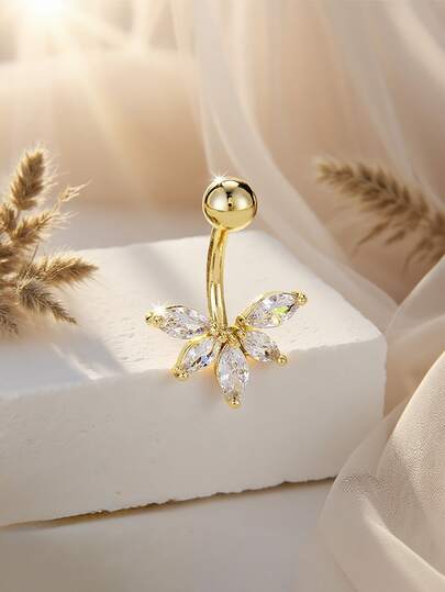 1pc Fashionable Stainless Steel Leaf Shaped Zirconia Navel Ring For Women