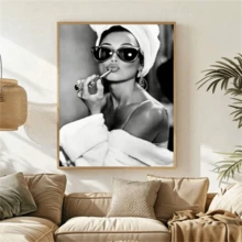 1 pieza Obra de arte de pared de Audrey, impresión en blanco y negro, foto de moda vintage, arte antiguo, póster, decoración de pared de moda, obras de arte de pared vintage sin marco, pósteres