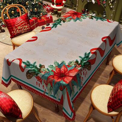 1/20pcs Christmas Tablecloth, Poinsettia Pattern Print Design Tablecloth, Durable And Washable - Easy To Clean Design Is Perfect For Picnics, Camping, Weddings, Birthdays, Restaurants And Buffet Dinners, Merry Christmas