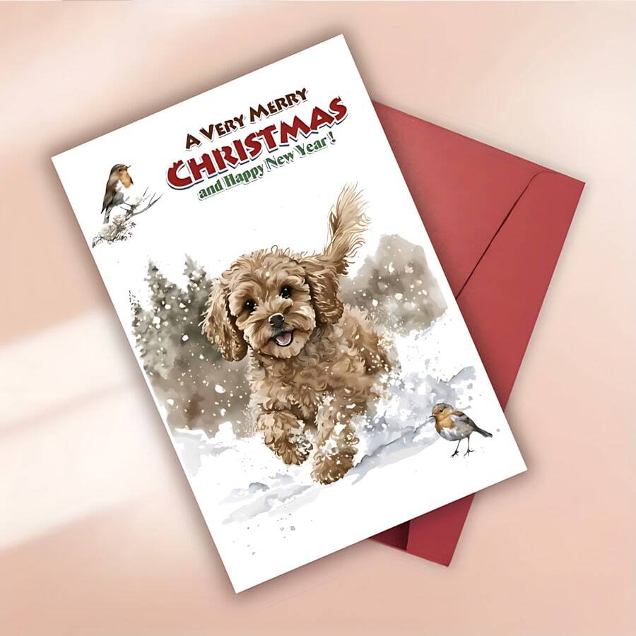 1pc Christmas Holiday Cockapoo Dog Greeting Card - Personalized Cartoon Design For Christmas And New Year's, Paper Card With Envelope, Multi-Occasion Fantasy Theme For Family, Friends, And Anyone - Multicolor - View 1