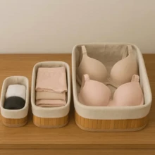Set Of 3 Multipurpose Bamboo Storage Baskets With Lining - Laundry Basket For Bathroom - Màu vàng - Xem 4