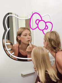 1 szt. Owalne lustro z neonowym oświetleniem LED Hello Kitty z kreskówkową grafiką, lustro ścienne z plastikową ramą zasilane przez USB, ściemnialne oświetlenie dekoracyjne do sypialni, gabinetu, salonu, pokoju dziecięcego, przedpokoju - urocze, kompaktowe lustro toaletkowe z neonowym oświetleniem Hello Kitty zasilane przez USB, montowane na ścianie, z regulowanym oświetleniem