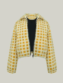 Sherpa Checkered Jacket For Women Plaid Zip Up Fleece Jacket With Pockets Winter Fall Fuzzy Cropped Coats - Yellow - View 4