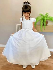 Children's Party Wedding Birthday Flower Girl Dress Shiny Long Princess Various Colors - 4 To 16 - Blanco - Ver 3