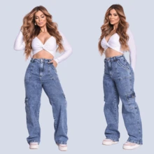Women's Loose Jeans 100% Cotton Cargo Wide Leg Shopping Simple Casual Elegant Sexy Pocket Cargo Zipper - 大理石紋 - 查看 2