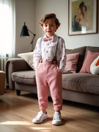 3pcs Baby Boys Formal Outfit, Spring/Autumn Baby Boy Gentleman Set, Floral Print Long Sleeve Shirt With Tie & Bow Tie + Detachable Suspender Pants, Fashionable, Suitable For Weddings, Holidays, Birthdays, Parties