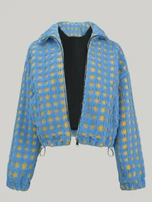 Sherpa Checkered Jacket For Women Plaid Zip Up Fleece Jacket With Pockets Winter Fall Fuzzy Cropped Coats - 藍色 - 查看 4