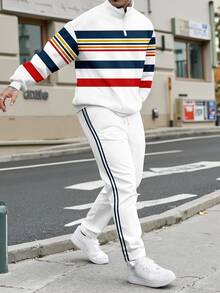 Men Casual Street Fashion Sporty Contrast Stripe Print Half-Zip Pullover Sweatshirt And Sweatpants Set, Fall Clothes - Multicolor - View 4