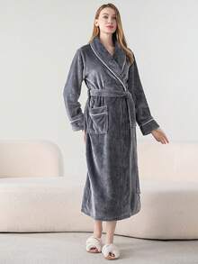 1PC Winter-Spring Thick Version Men's And Women's Bathrobe, Solid Color Simple Long Style With Pockets, Suitable As Halloween/Valentine's Day Gifts,Thickened,Flannelette,FlannelWarm Winter Decora