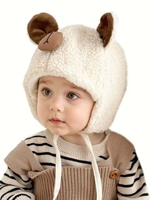 1 件装婴儿羊羔绒护耳帽，可爱熊图案保暖帽，适合男婴和女婴，幼儿秋冬日常穿着