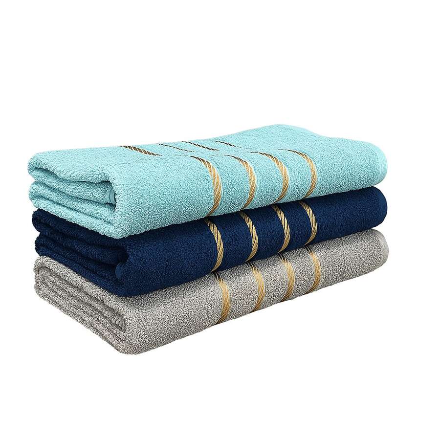Show Towel Kit 3 Bath Towels With Gold Hem 100% Cotton 70x130cm - Dubai Collection - 綠色,藍色和灰色 - 查看 1