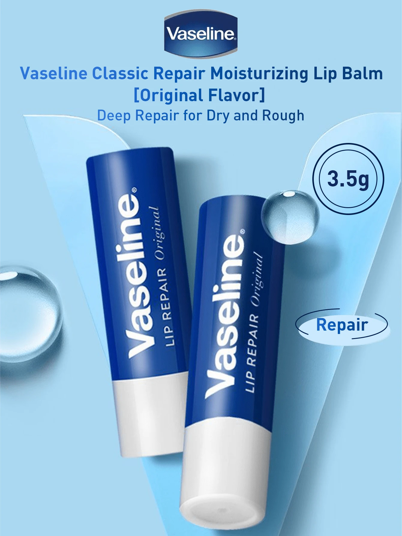 Vaseline Balsam de buze hidratant Classic Repair, aromă originală, 3,5 g - Reparare profundă pentru buze uscate și aspre, îmbogățit cu extract de unt de shea și vitamina E de înaltă puritate, formulă micro-gel pentru hidratare delicată oricând, ideal pentru toate tipurile de ten