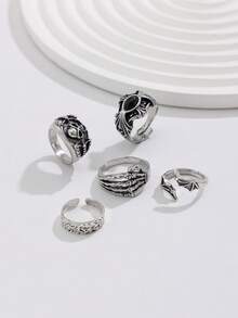 Bộ 5 nhẫn mặt đầu lâu phong cách Gothic, trang sức Hip Hop thời trang đường phố dành cho nam - Màu Bạc Cổ - Xem 7