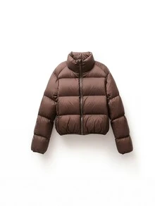 Petite Girl 女式冬季羽绒夹克轻薄绗缝立领长袖宽松拉链纽扣外套 - 巧克力棕 - 查看 3