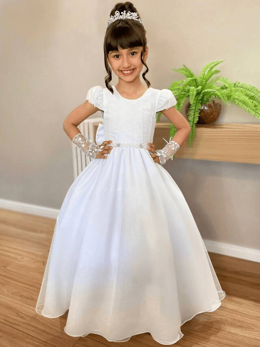 Children's Party Wedding Birthday Flower Girl Dress Shiny Long Princess Various Colors - 4 To 16 - Blanco - Ver 1