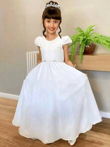 Children's Party Wedding Birthday Flower Girl Dress Shiny Long Princess Various Colors - 4 To 16 - Blanco - Ver 6