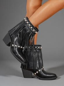 Sexy Side Zipper Party Boots, British Style Plus Size High Heel Black Fashion Boots For Autumn, Brown Fringe Pointed Toe Western Mid-Calf Boots, Grey Rivet Short Boots With Chunky Heels