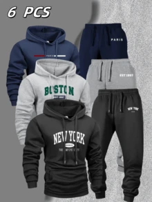 [6-Piece Set] Men's Casual Sports Hooded Sweatshirt Set, Long-Sleeved Hooded Sweatshirt With Drawstring Trousers, Knitted Fabric, Regular Version, Letter Print Design, Suitable For Outdoor Daily Wear - 彩色 - 查看 8