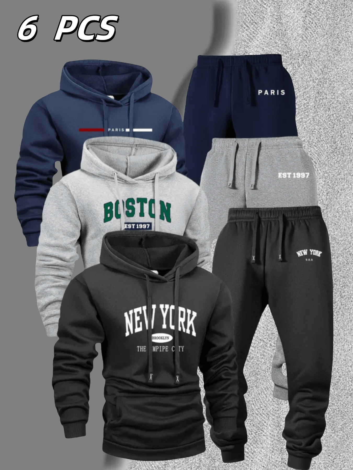 VIHE [6-Piece Set] Lightweight Polyester Men's Casual Sports Hooded Sweatshirt Set(Runs Small, Please Refer To Size Chart), Long-Sleeved Hooded Sweatshirt With Drawstring Trousers, Knitted Fabric, Regular Version, Letter Print Design, Suitable For Outdoor Daily Wear(Minor Imperfections May Occur | Photo For Compensation) - Nhiều màu - Xem 1