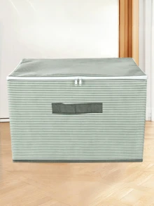 1 pieza Caja de almacenamiento a rayas verdes, de tela no tejida con doble asa y tapa, de gran capacidad, a prueba de humedad y polvo, con diseño de cremallera, adecuada para armario, ropa de cama, juguetes, sala de estar, dormitorio, disponible en una variedad de tamaños para satisfacer diferentes necesidades de almacenamiento, plegable para ahorrar espacio