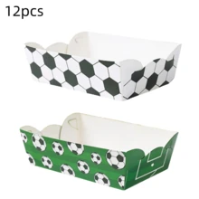 12pcs Football Party Food Tray -White&Green Football Pattern, Foldable Paper Tray, Suitable For Birthday Parties, Theme Parties, French Fries, Popcorn Boxes, Party Decorations, Etc