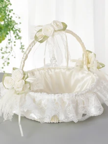 1 件蕾丝面料婚礼花篮新娘伴娘手持花篮婚礼仪式装饰万圣节情人节 - 米色 - 查看 11