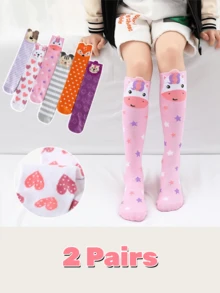2pcs/Set Cute Cartoon Pink Cow + Rabbit Heart Pattern Simple Student Knee High Socks, Girls Daily Wear Children Socks