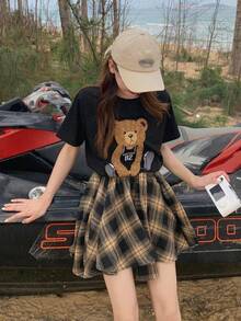 Casual estilo deportivo vestidos cortos Verano retro Hong Kong estilo temperamento falda nudo a cuadros - Negro - Ver 4