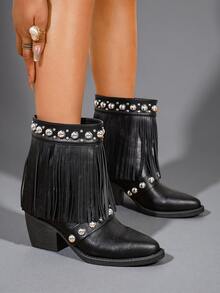 Sexy Side Zipper Party Boots, British Style Plus Size High Heel Black Fashion Boots For Autumn, Brown Fringe Pointed Toe Western Mid-Calf Boots, Grey Rivet Short Boots With Chunky Heels