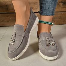Women's Fashion Solid Color Round Toe Slip-On Loafers, Casual Outdoor Tassel Lock Decor Soft Bottom Comfortable Ballet Flats - Grey - View 10