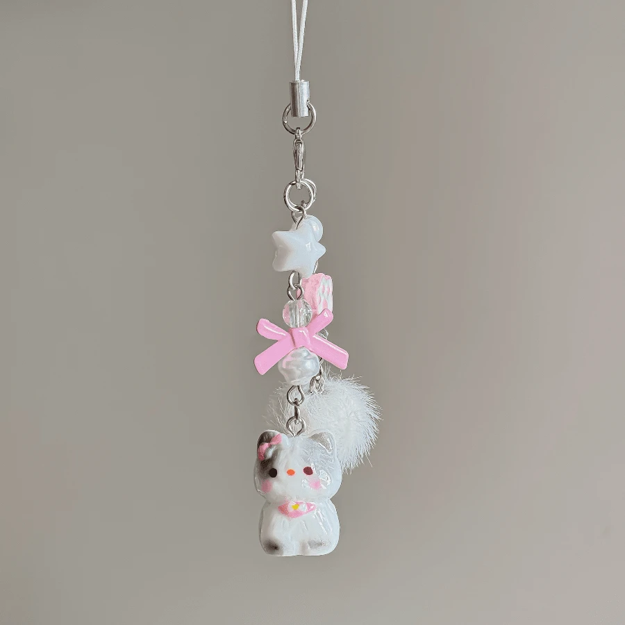 Original Cute Cat Mobile Phone Chain Pendant, Girly Versatile Keychain, Soft Cute Hairball + Exquisite Beaded Pendant, Practical Backpack Pendant, Wholesale Cost-Effective, Daily Matching Shows A Super Healing Feeling - 粉紅色小貓-掛繩 - 查看 1