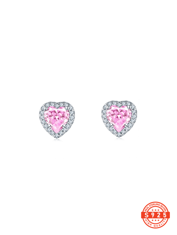 1 Pair High-Quality Fashion Candy Pink Cubic Zirconia Stud Earrings, 925 Sterling Silver Fully Paved Heart Earrings, Elegant Jewelry Gift For Women, Suitable For Daily Wear, Casual, Travel, Party, Collection, Comes With Delicate Gift Box, Suitable For All Seasons