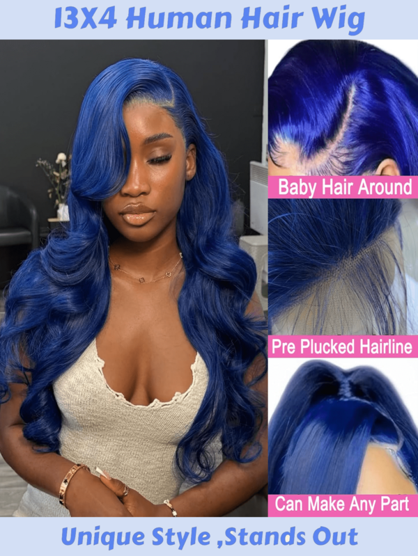 13x4 Lace Front Wig, Blue Wavy Curly Human Hair Wig, Pre-Plucked With Baby Hair, 150% Density, Transparent Lace Front Wig, Fashionable Color, 34 Inches, Suitable For Women, Can Be Used For Halloween, Music Festivals, Parties, Cosplay And All Seasons, Such As Witch, Demon, Etc.
