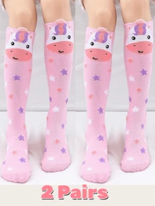 2pcs/Set Cute Cartoon Pink Cow + Rabbit Heart Pattern Simple Student Knee High Socks, Girls Daily Wear Children Socks