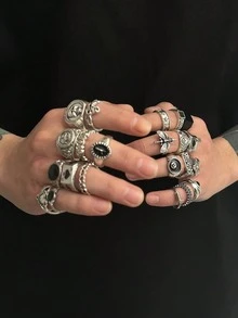24 件哥特式骷髅吊饰戒指套装，时尚街头嘻哈男士珠宝 - 復古銀色 - 查看 6