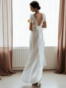 1pc Woman Open Back Wedding Dress, Elegant Minimalist Bow Back Wedding Dress With Short Sleeves, Simple Wedding Dress,White Rustic Crepe Wedding Dress, All Seasons, Elegant And Comfortable, Suitable For Wedding,Party, Singles' Party,Vacation,Bride,Formal Occasions,Dinner Dress,Prom Dress,Homecoming Dress,Cocktail Party,Birthday Party - 白色 - 查看 2