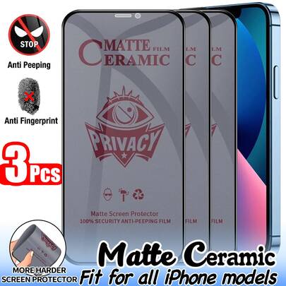 3片/包 高品质9H+陶瓷屏幕保护膜，柔软舒适，保护隐私，防刮花，磨砂陶瓷防窥膜，兼容手机壳，适用于日常、办公、居家等多种场景，防水、防震、防摔、防刮花，兼容 16 Pro Max、16、16 Pro、16 Plus、14 Pro Max 6.7、17、17 Pro、17 Pro Max、17 Air等型号