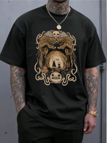 Men's Graphic Tee Spooky Forest, Pumpkin, Skull, Autumnal Design, Vintage Style, Unique Artwork, Casual Wear, Soft Cotton, Comfortable Fit, Stylish Print, Halloween Vibe, Mysterious Illustration, Intricate Details, Fall Fashion, Apparel