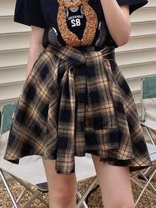 Casual estilo deportivo vestidos cortos Verano retro Hong Kong estilo temperamento falda nudo a cuadros - Negro - Ver 1