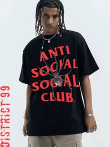 Anti Social Club Spider Graphic Print Cropped T-Shirts For Boys And Girls Men, Women All Ages Family T-Shirt Letter New Streetwear Clothing Harajuku T-Shirt Cotton Half Sleeve Tee, Y2K Style Casual Cotton Classic Crewneck Design Tee - 黑色 - 查看 1