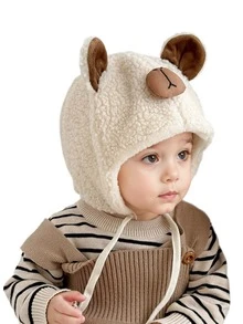 1 件装婴儿羊羔绒护耳帽，可爱熊图案保暖帽，适合男婴和女婴，幼儿秋冬日常穿着