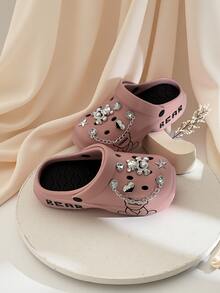 女士可爱图案透气一脚蹬凉鞋，百搭，室内外穿着舒适，时尚