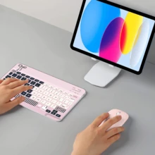 超薄可充电蓝牙键盘，便携式紧凑型无线键盘（150mAh），兼容三星Galaxy Tab平板电脑、安卓、Windows智能手机、iOS iPad，2026年圣诞/新年礼物（粉色和黑色格子） - 粉紅黑色 - 查看 9