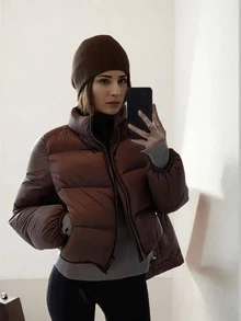 Petite Girl 女式冬季羽绒夹克轻薄绗缝立领长袖宽松拉链纽扣外套 - 巧克力棕 - 查看 5