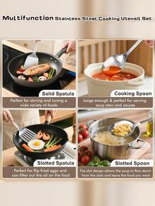 7/9 Pcs Cooking Utensils Set, Stainless Steel Kitchen Utensils, Heat Resistant Metal Kitchen Tools Include Solid & Slotted Turner Wok Spatula, Serving Spoon, Ergonomic Handle, Easy To Clean - 9pcs - View 7