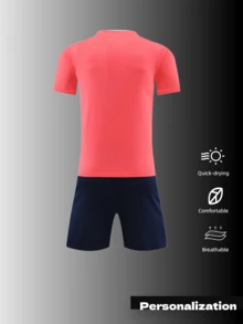 2pcs Personalized Pink & Navy Blue Soccer Uniform Set - Customizable With Name, Number, And Team Logo | Breathable Quick - Dry Fabric For Optimal Performance | Includes Jersey, Shorts, And Matching Socks | Perfect For Teams And Individual Players Seeking A Unique, Vibrant Look On The Field